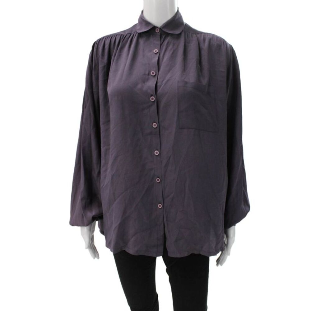 Cygne Women Basic Purple Collared Long Sleeve Polyester Blend Blouse Size S